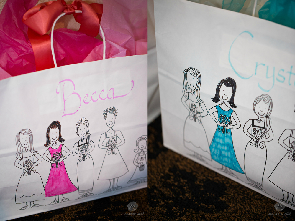She made these bags for the bridesmaids--each one colored to match the girl!