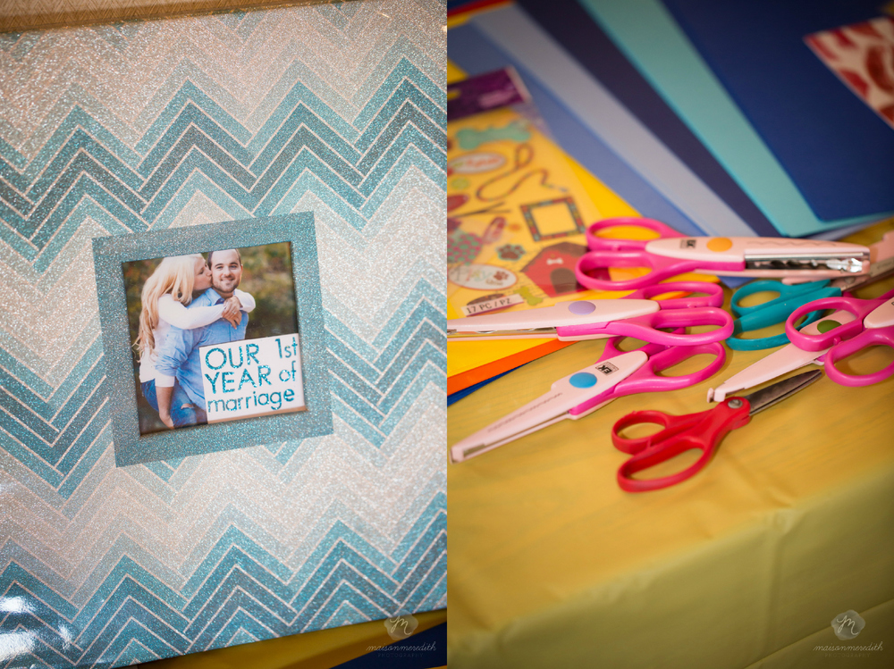 There was a table set up with all kinds of crafts for people to do during the shower; one was for each person to create a scrapbook page for Kim + Jeremy to have + look at during their first year of marriage.